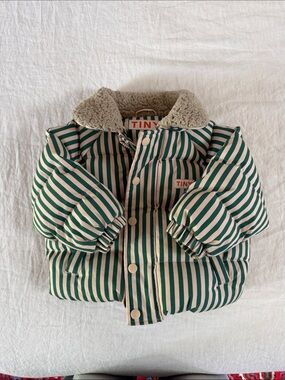 Tiny Striped Green & Cream Puffer Jacket with Sherpa Collar